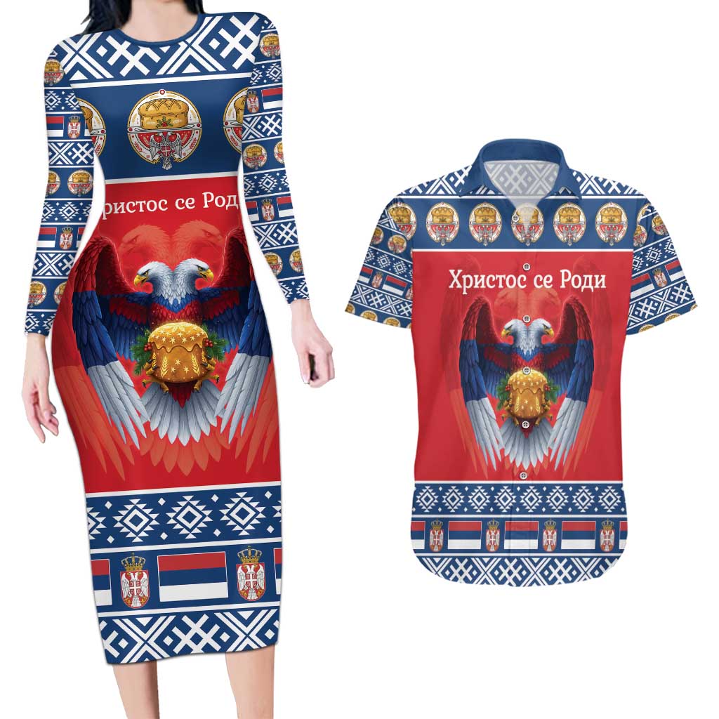 Personalized Serbia Christmas Couples Matching Long Sleeve Bodycon Dress and Hawaiian Shirt Eagle with Cesnica Christmas Bread - Wonder Print Shop