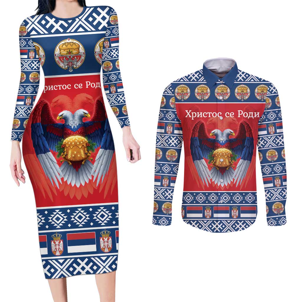 Personalized Serbia Christmas Couples Matching Long Sleeve Bodycon Dress and Long Sleeve Button Shirt Eagle with Cesnica Christmas Bread - Wonder Print Shop