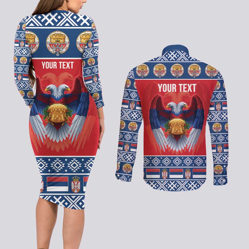 Personalized Serbia Christmas Couples Matching Long Sleeve Bodycon Dress and Long Sleeve Button Shirt Eagle with Cesnica Christmas Bread - Wonder Print Shop