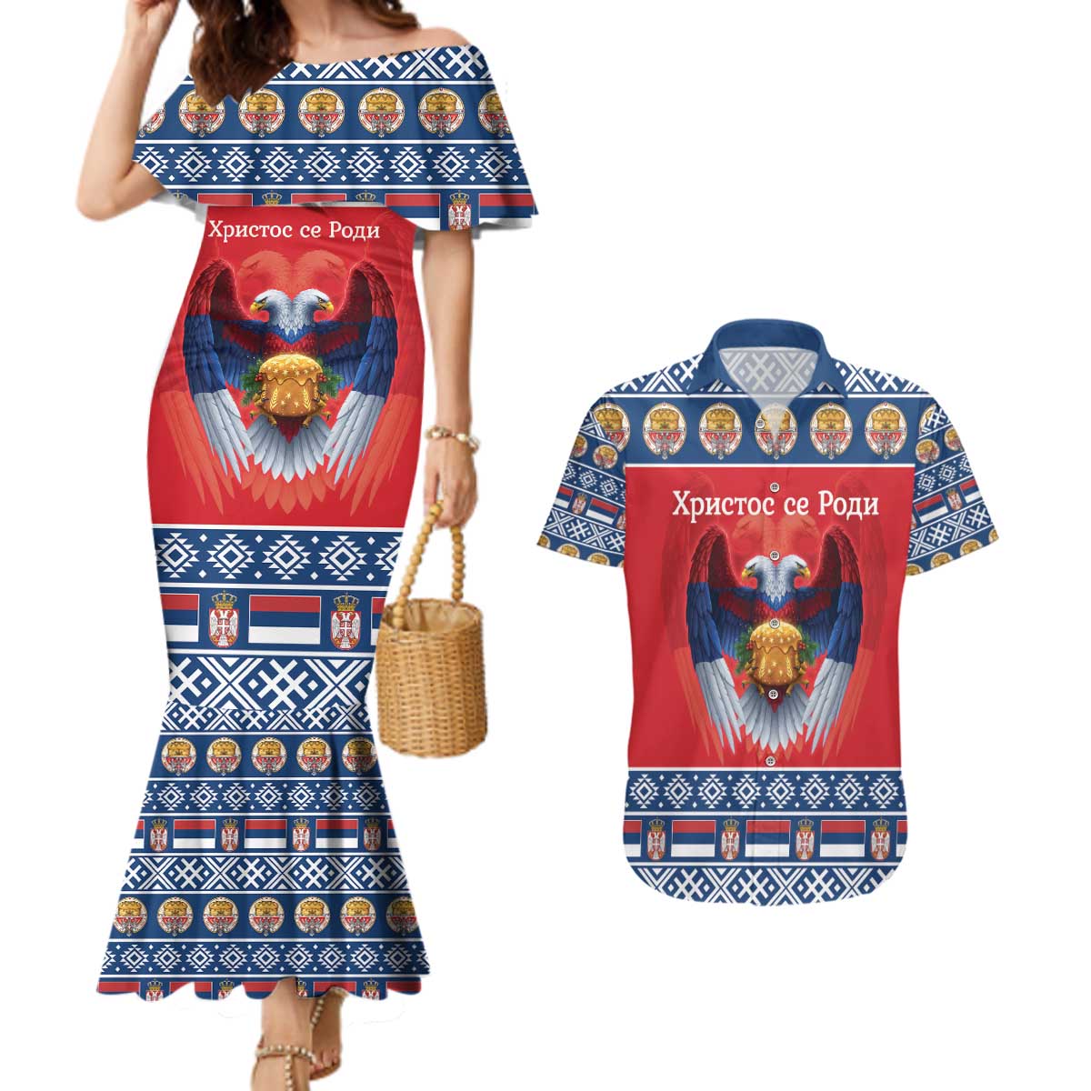 Personalized Serbia Christmas Couples Matching Mermaid Dress and Hawaiian Shirt Eagle with Cesnica Christmas Bread - Wonder Print Shop