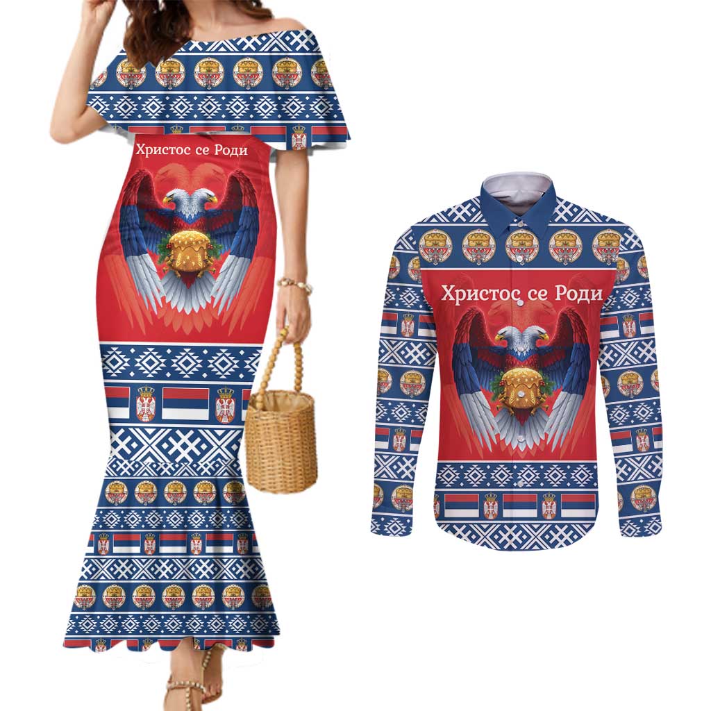 Personalized Serbia Christmas Couples Matching Mermaid Dress and Long Sleeve Button Shirt Eagle with Cesnica Christmas Bread - Wonder Print Shop