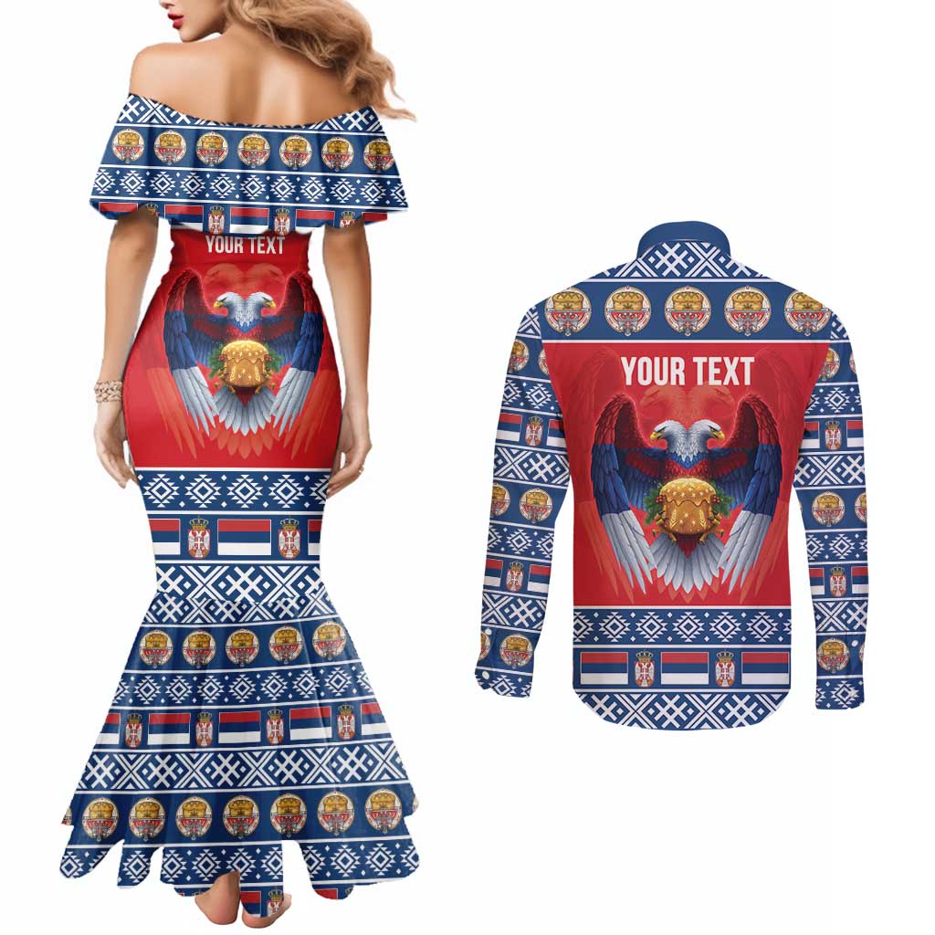 Personalized Serbia Christmas Couples Matching Mermaid Dress and Long Sleeve Button Shirt Eagle with Cesnica Christmas Bread - Wonder Print Shop