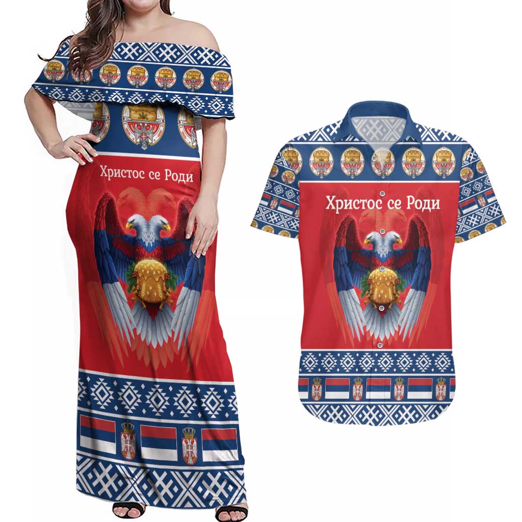 Personalized Serbia Christmas Couples Matching Off Shoulder Maxi Dress and Hawaiian Shirt Eagle with Cesnica Christmas Bread - Wonder Print Shop