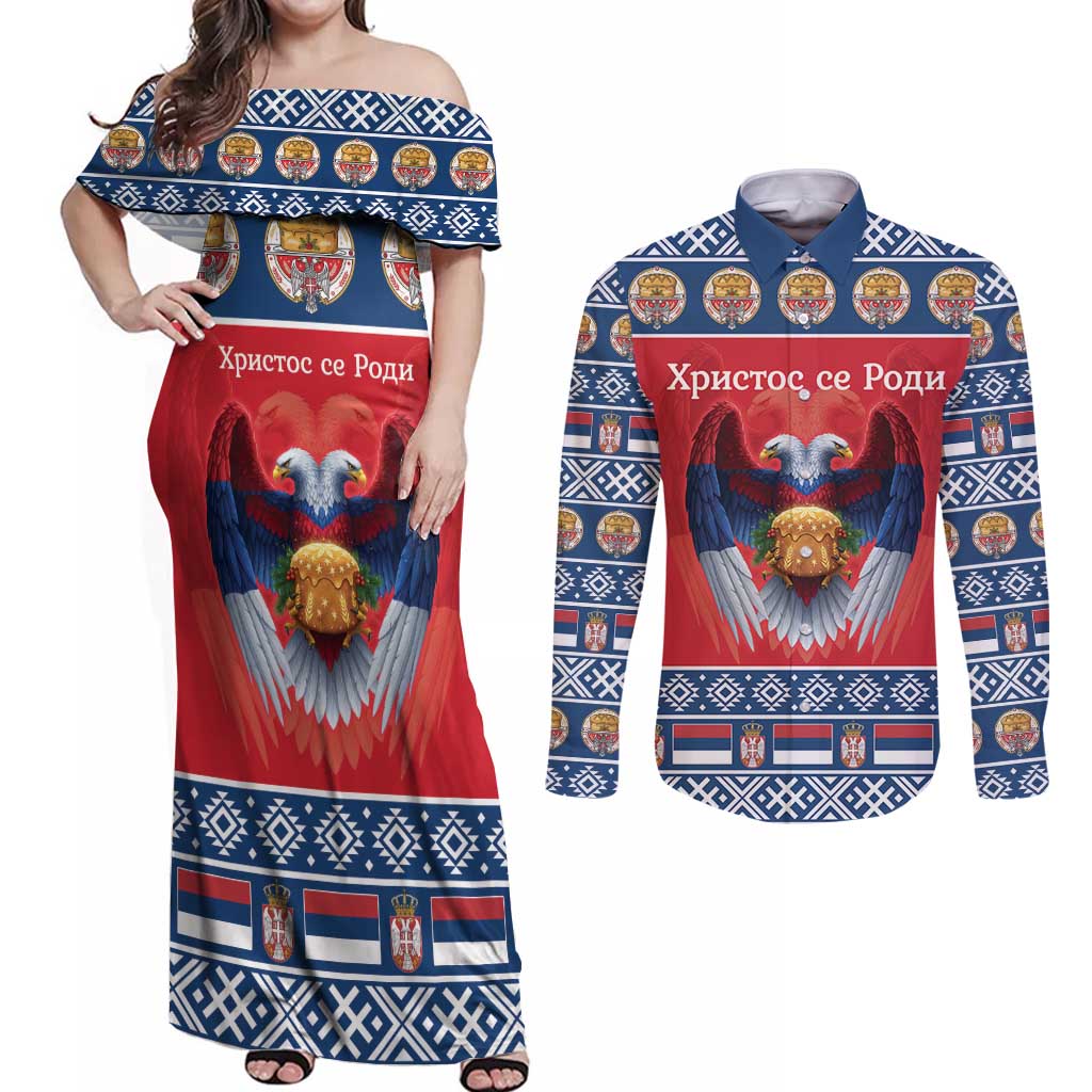 Personalized Serbia Christmas Couples Matching Off Shoulder Maxi Dress and Long Sleeve Button Shirt Eagle with Cesnica Christmas Bread - Wonder Print Shop