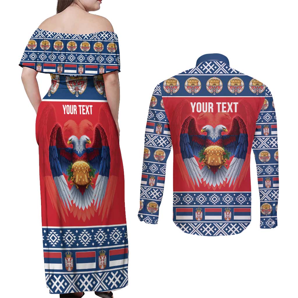 Personalized Serbia Christmas Couples Matching Off Shoulder Maxi Dress and Long Sleeve Button Shirt Eagle with Cesnica Christmas Bread - Wonder Print Shop