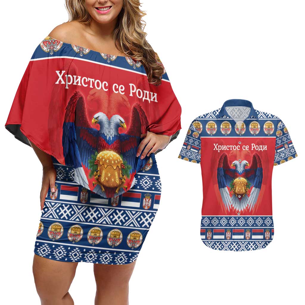 Personalized Serbia Christmas Couples Matching Off Shoulder Short Dress and Hawaiian Shirt Eagle with Cesnica Christmas Bread - Wonder Print Shop