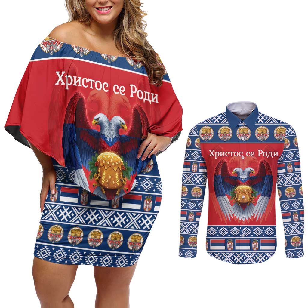 Personalized Serbia Christmas Couples Matching Off Shoulder Short Dress and Long Sleeve Button Shirt Eagle with Cesnica Christmas Bread - Wonder Print Shop