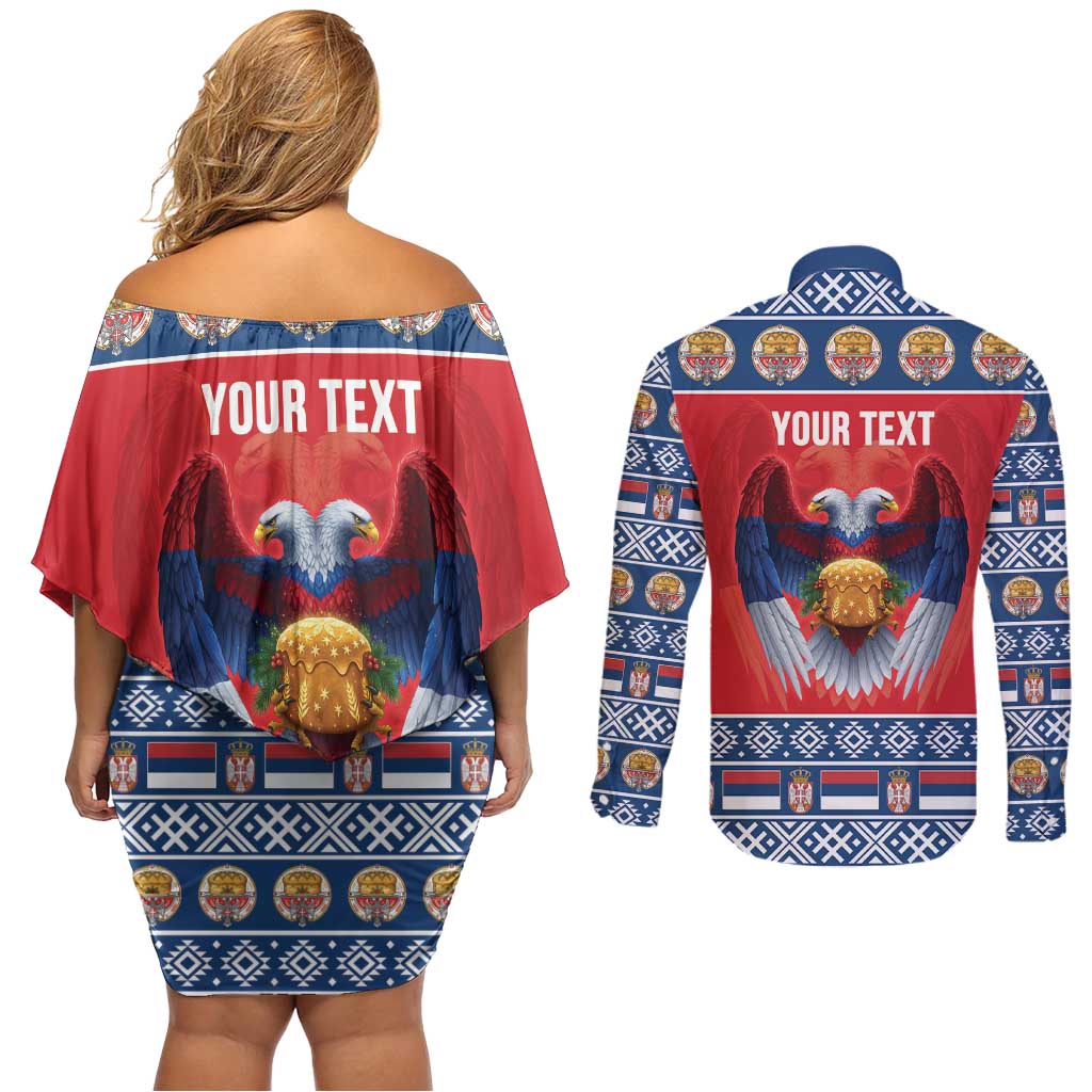 Personalized Serbia Christmas Couples Matching Off Shoulder Short Dress and Long Sleeve Button Shirt Eagle with Cesnica Christmas Bread - Wonder Print Shop