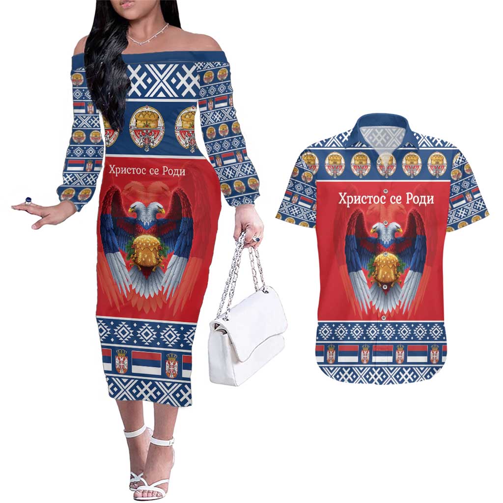 Personalized Serbia Christmas Couples Matching Off The Shoulder Long Sleeve Dress and Hawaiian Shirt Eagle with Cesnica Christmas Bread - Wonder Print Shop