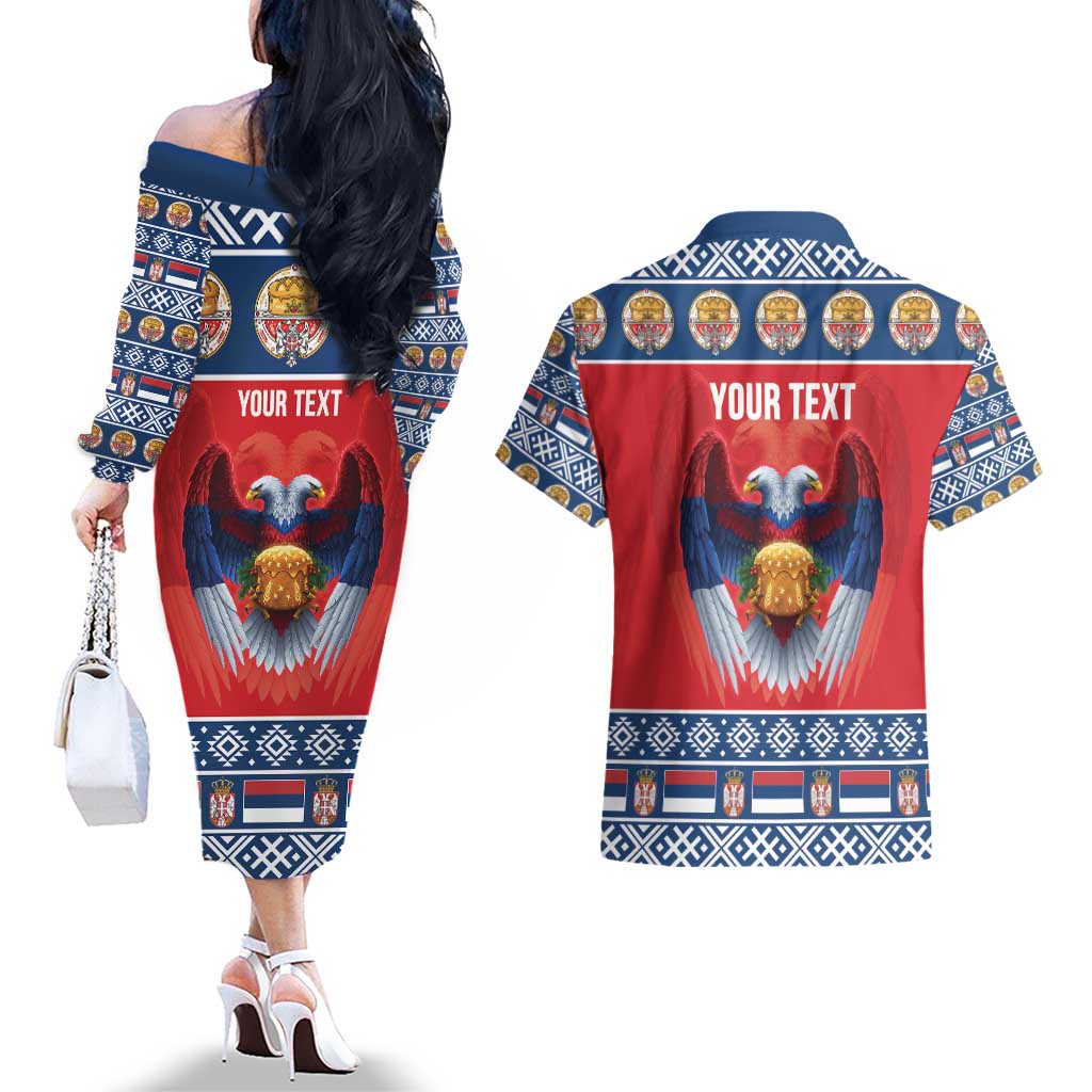 Personalized Serbia Christmas Couples Matching Off The Shoulder Long Sleeve Dress and Hawaiian Shirt Eagle with Cesnica Christmas Bread - Wonder Print Shop