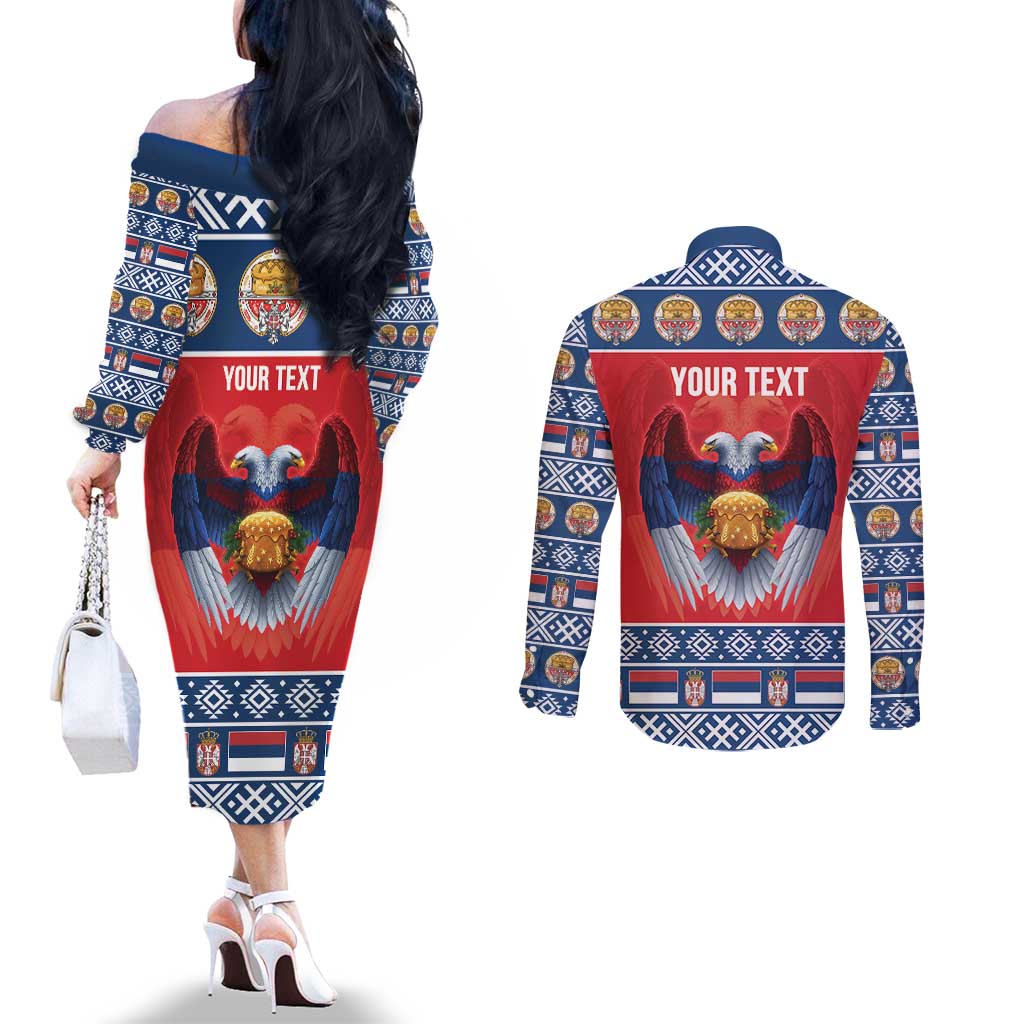 Personalized Serbia Christmas Couples Matching Off The Shoulder Long Sleeve Dress and Long Sleeve Button Shirt Eagle with Cesnica Christmas Bread - Wonder Print Shop