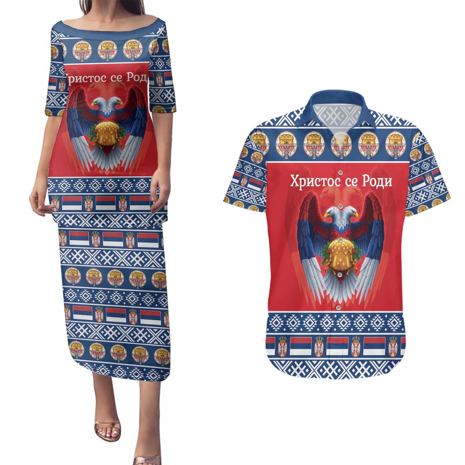 Personalized Serbia Christmas Couples Matching Puletasi and Hawaiian Shirt Eagle with Cesnica Christmas Bread - Wonder Print Shop