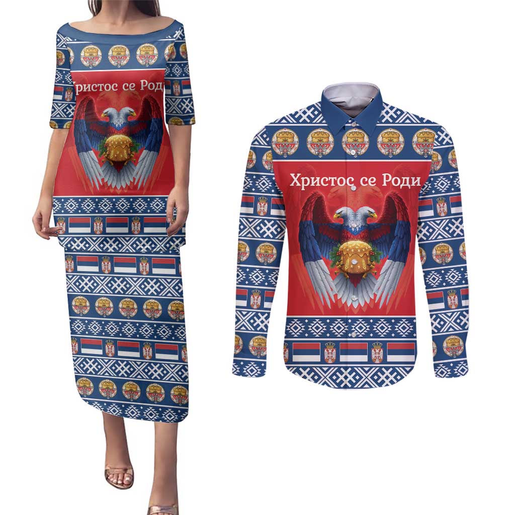 Personalized Serbia Christmas Couples Matching Puletasi and Long Sleeve Button Shirt Eagle with Cesnica Christmas Bread - Wonder Print Shop