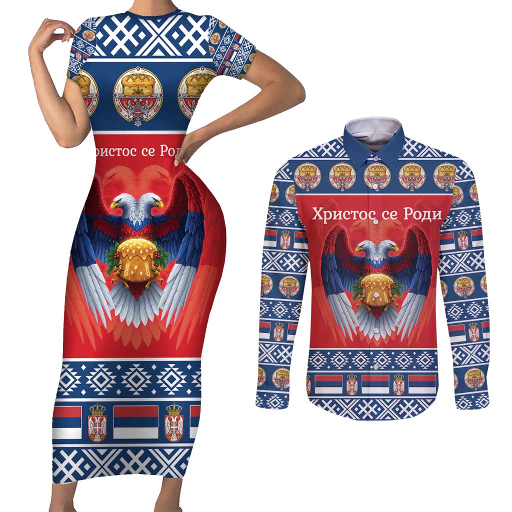 Personalized Serbia Christmas Couples Matching Short Sleeve Bodycon Dress and Long Sleeve Button Shirt Eagle with Cesnica Christmas Bread - Wonder Print Shop