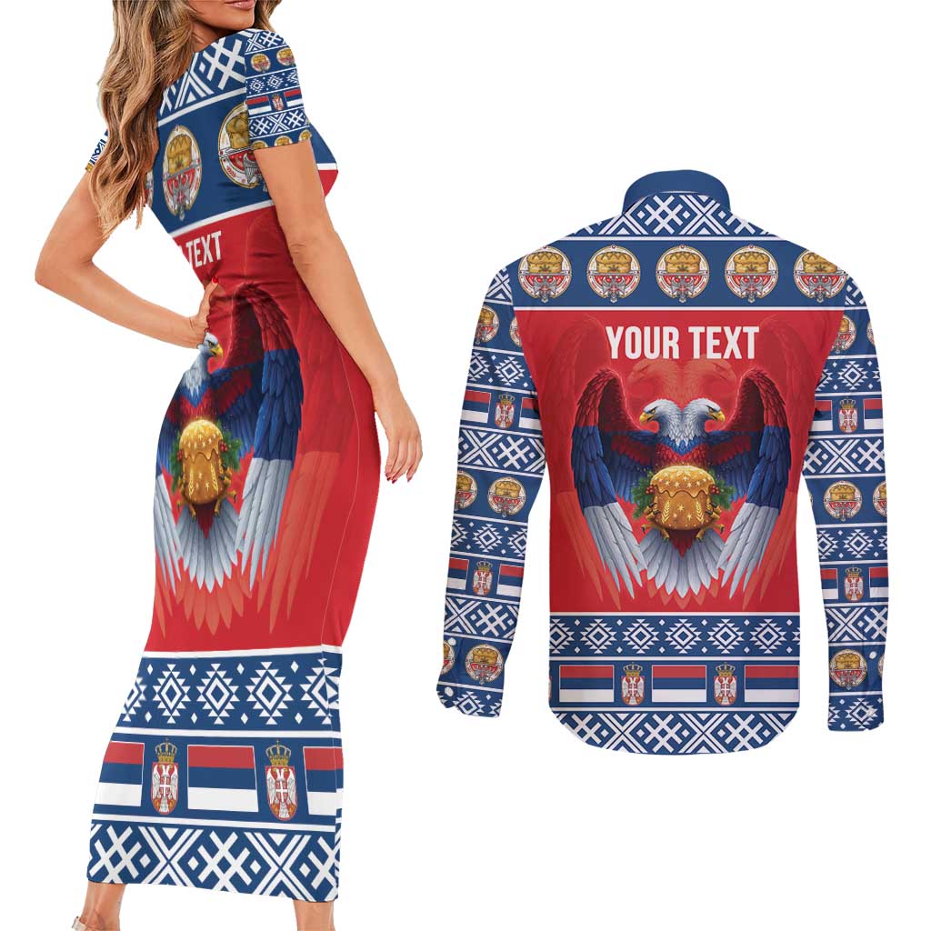 Personalized Serbia Christmas Couples Matching Short Sleeve Bodycon Dress and Long Sleeve Button Shirt Eagle with Cesnica Christmas Bread - Wonder Print Shop