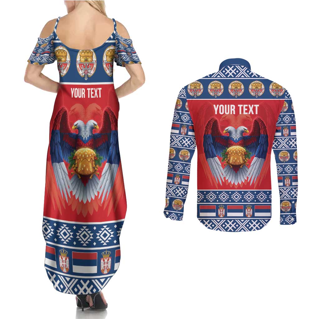 Personalized Serbia Christmas Couples Matching Summer Maxi Dress and Long Sleeve Button Shirt Eagle with Cesnica Christmas Bread - Wonder Print Shop