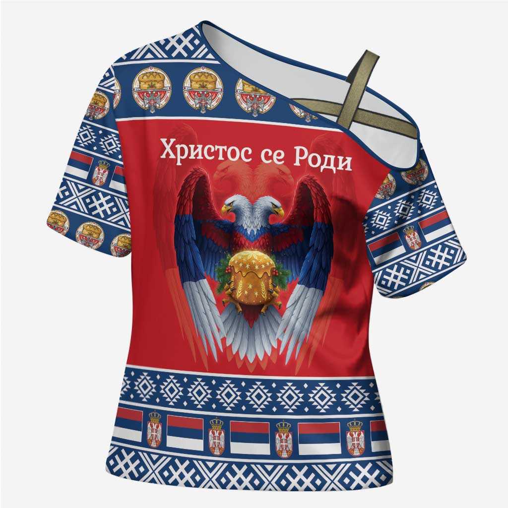 Personalized Serbia Christmas Cross Shoulder Shirt Eagle with Cesnica Christmas Bread - Wonder Print Shop