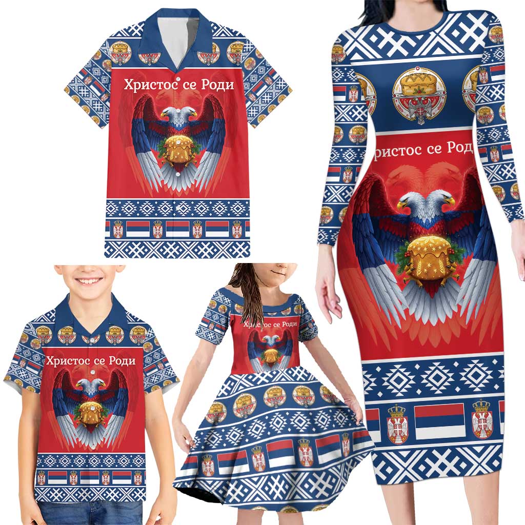 Personalized Serbia Christmas Family Matching Long Sleeve Bodycon Dress and Hawaiian Shirt Eagle with Cesnica Christmas Bread - Wonder Print Shop