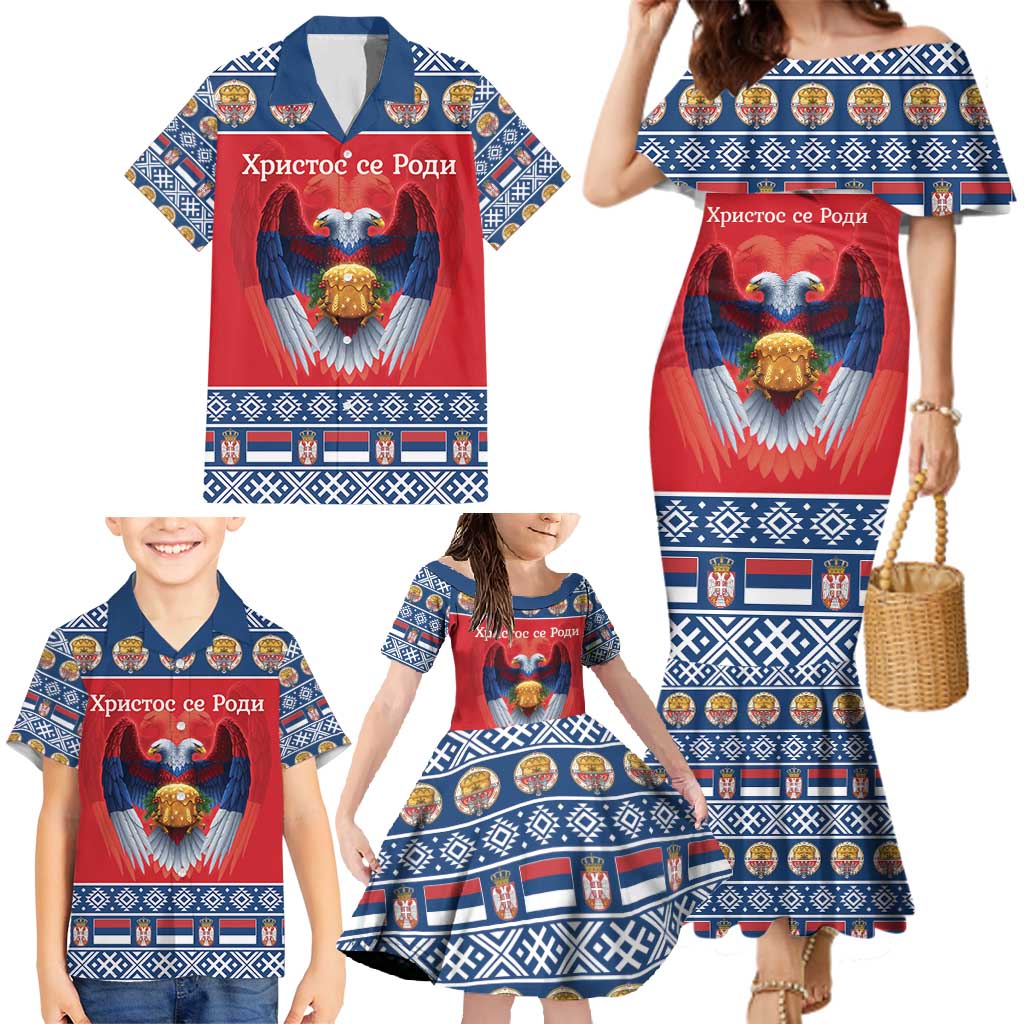 Personalized Serbia Christmas Family Matching Mermaid Dress and Hawaiian Shirt Eagle with Cesnica Christmas Bread - Wonder Print Shop