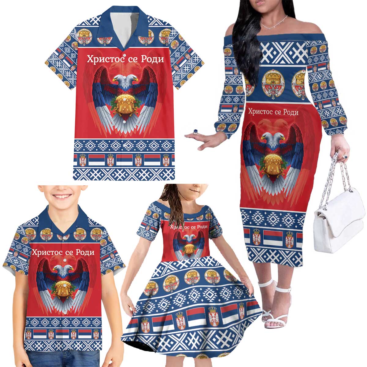 Personalized Serbia Christmas Family Matching Off The Shoulder Long Sleeve Dress and Hawaiian Shirt Eagle with Cesnica Christmas Bread - Wonder Print Shop