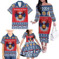 Personalized Serbia Christmas Family Matching Off The Shoulder Long Sleeve Dress and Hawaiian Shirt Eagle with Cesnica Christmas Bread - Wonder Print Shop