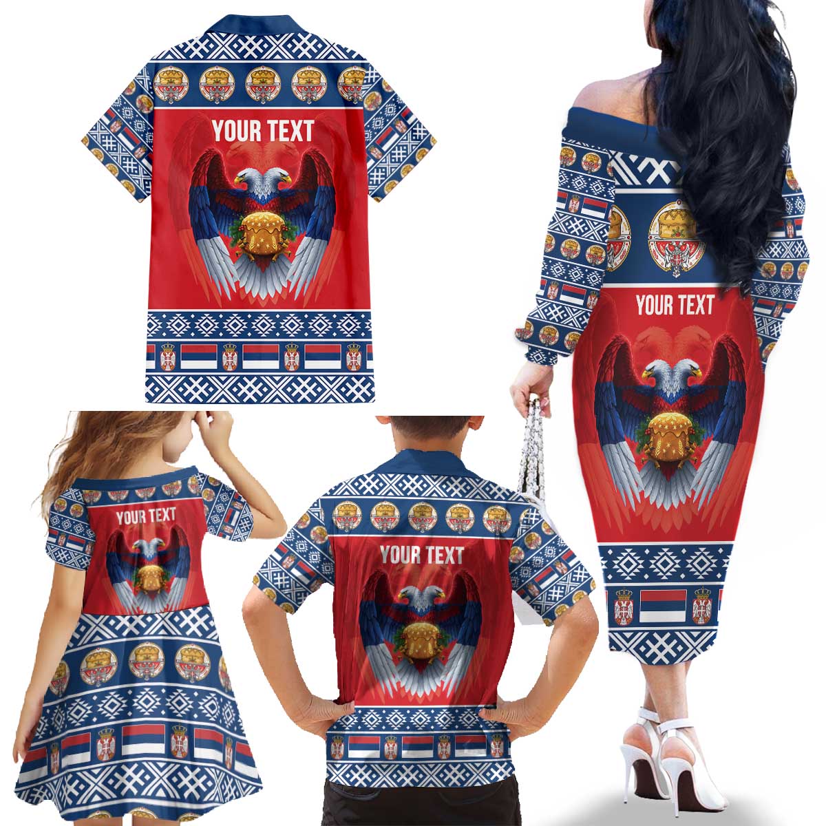 Personalized Serbia Christmas Family Matching Off The Shoulder Long Sleeve Dress and Hawaiian Shirt Eagle with Cesnica Christmas Bread - Wonder Print Shop