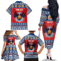 Personalized Serbia Christmas Family Matching Off The Shoulder Long Sleeve Dress and Hawaiian Shirt Eagle with Cesnica Christmas Bread - Wonder Print Shop