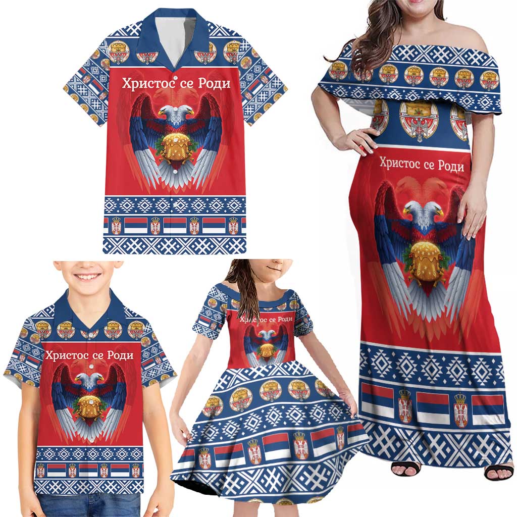 Personalized Serbia Christmas Family Matching Off Shoulder Maxi Dress and Hawaiian Shirt Eagle with Cesnica Christmas Bread - Wonder Print Shop