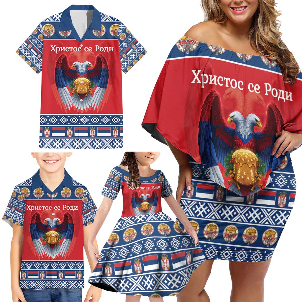 Personalized Serbia Christmas Family Matching Off Shoulder Short Dress and Hawaiian Shirt Eagle with Cesnica Christmas Bread - Wonder Print Shop