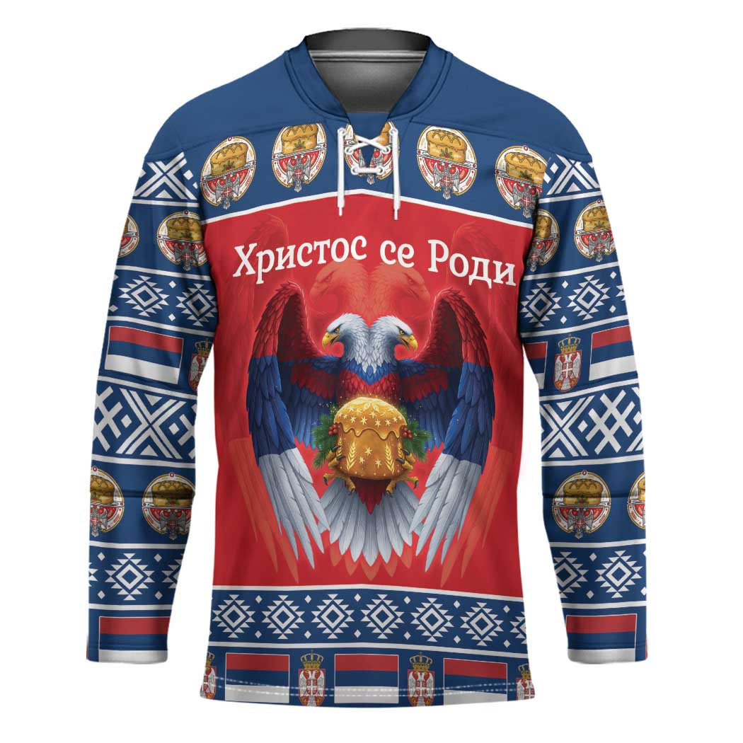 Personalized Serbia Christmas Hockey Jersey Eagle with Cesnica Christmas Bread - Wonder Print Shop