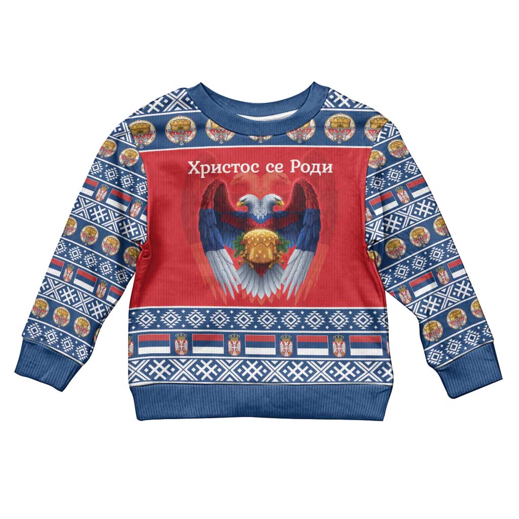 Personalized Serbia Christmas Kid Ugly Christmas Sweater Eagle with Cesnica Christmas Bread - Wonder Print Shop