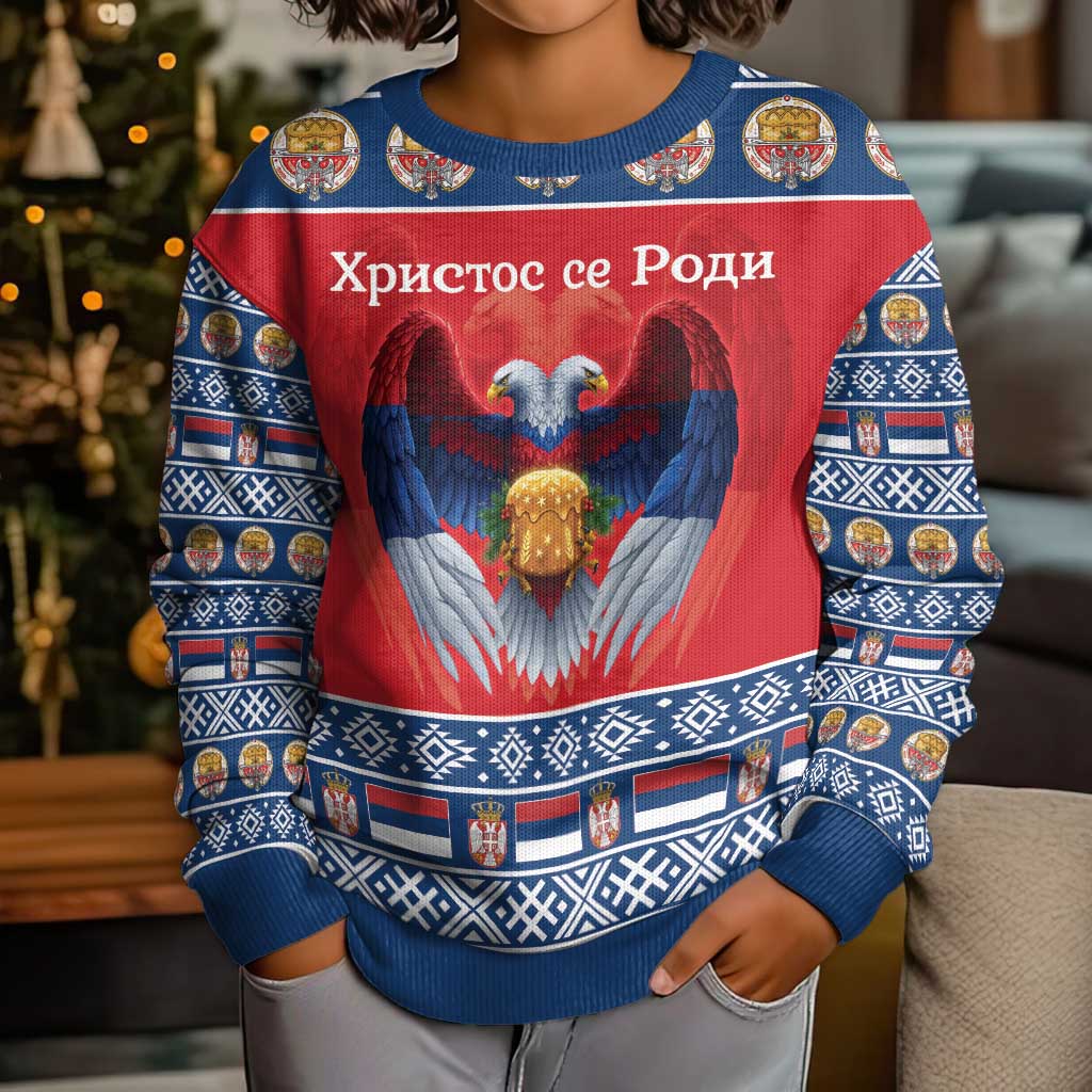 Personalized Serbia Christmas Kid Ugly Christmas Sweater Eagle with Cesnica Christmas Bread - Wonder Print Shop