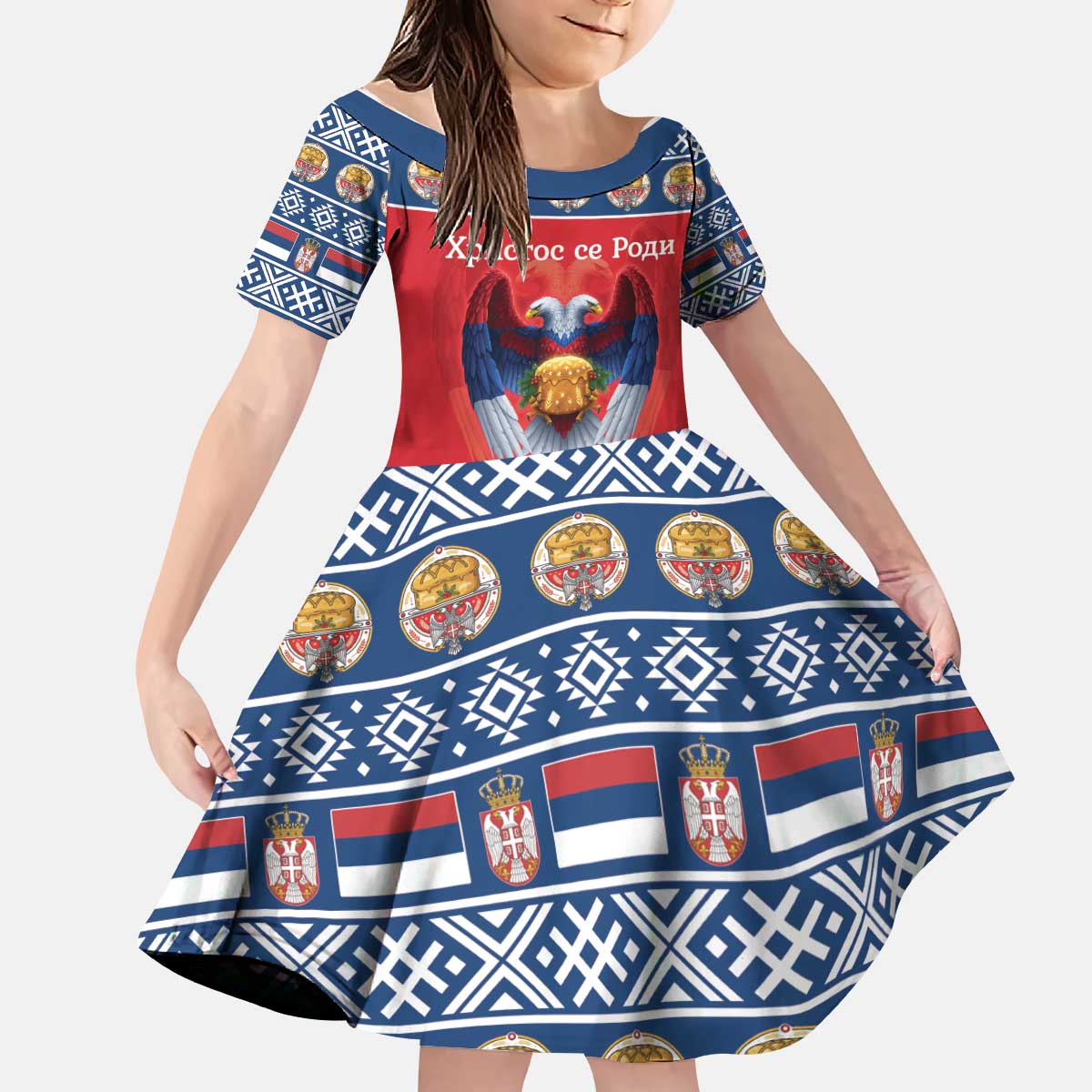 Personalized Serbia Christmas Kid Short Sleeve Dress Eagle with Cesnica Christmas Bread - Wonder Print Shop