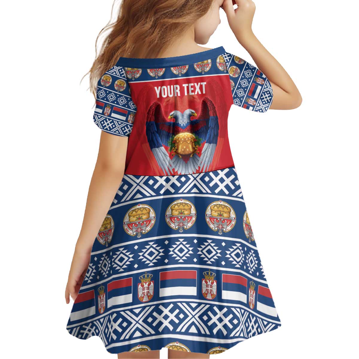 Personalized Serbia Christmas Kid Short Sleeve Dress Eagle with Cesnica Christmas Bread - Wonder Print Shop