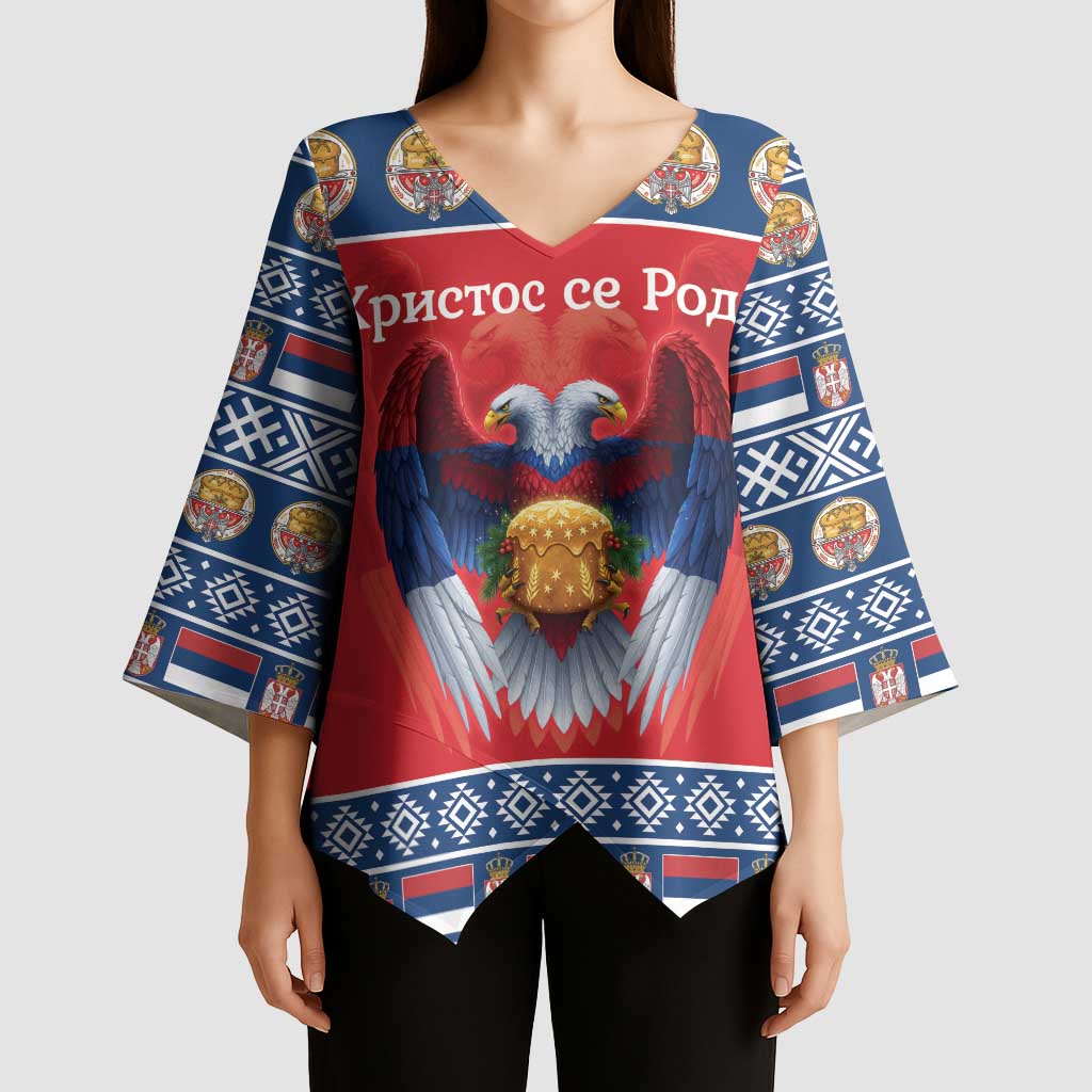 Personalized Serbia Christmas Kimono Sleeve Blouse Eagle with Cesnica Christmas Bread - Wonder Print Shop