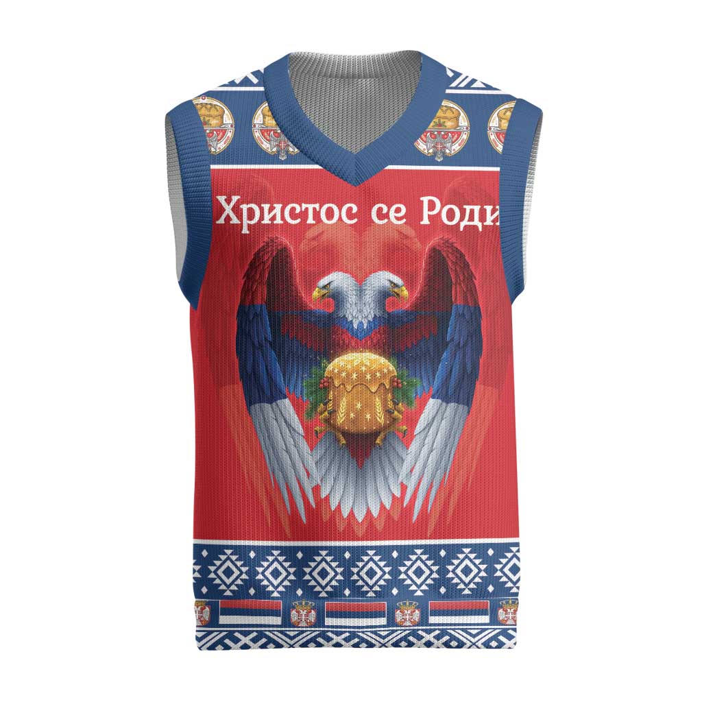 Personalized Serbia Christmas Knitted V-Neck Vest Eagle with Cesnica Christmas Bread - Wonder Print Shop