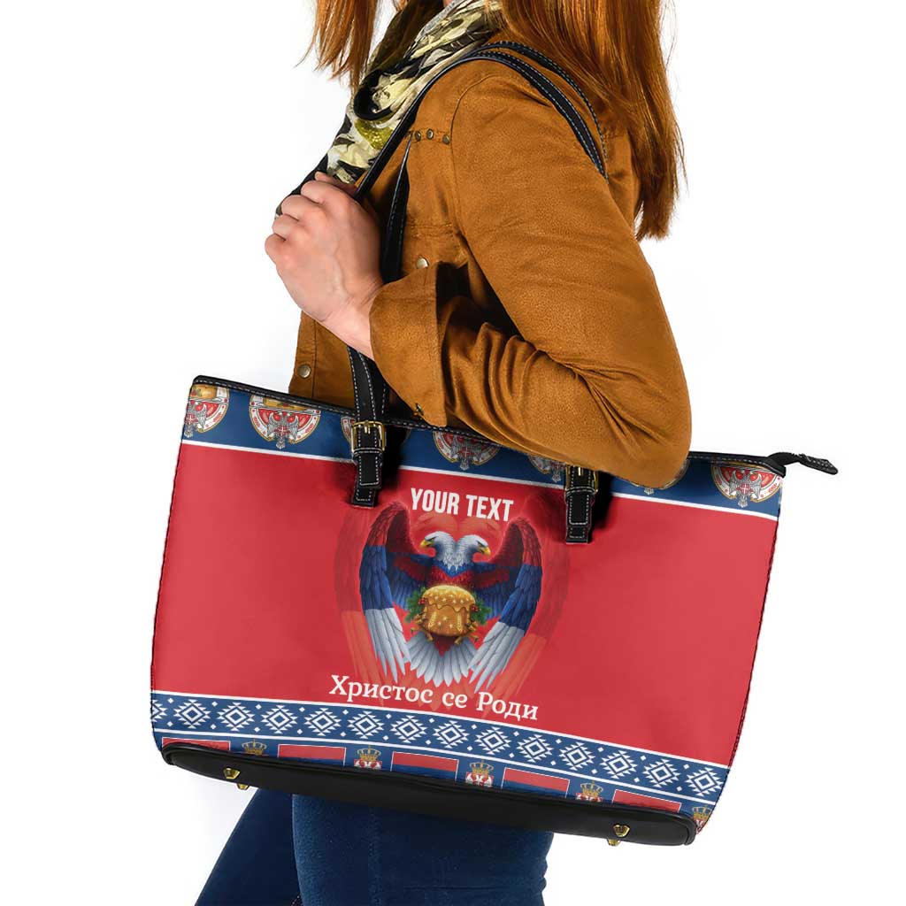 Personalized Serbia Christmas Leather Tote Bag Eagle with Cesnica Christmas Bread - Wonder Print Shop