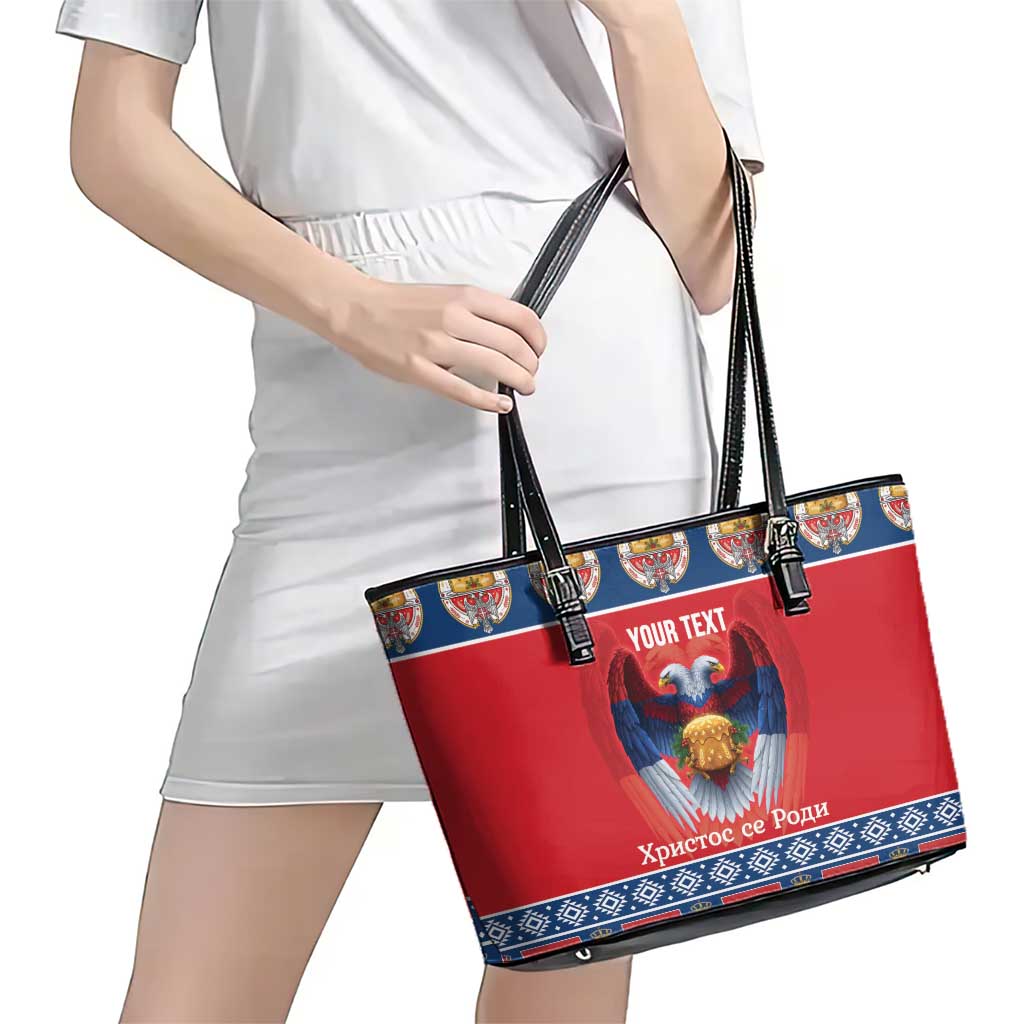 Personalized Serbia Christmas Leather Tote Bag Eagle with Cesnica Christmas Bread - Wonder Print Shop