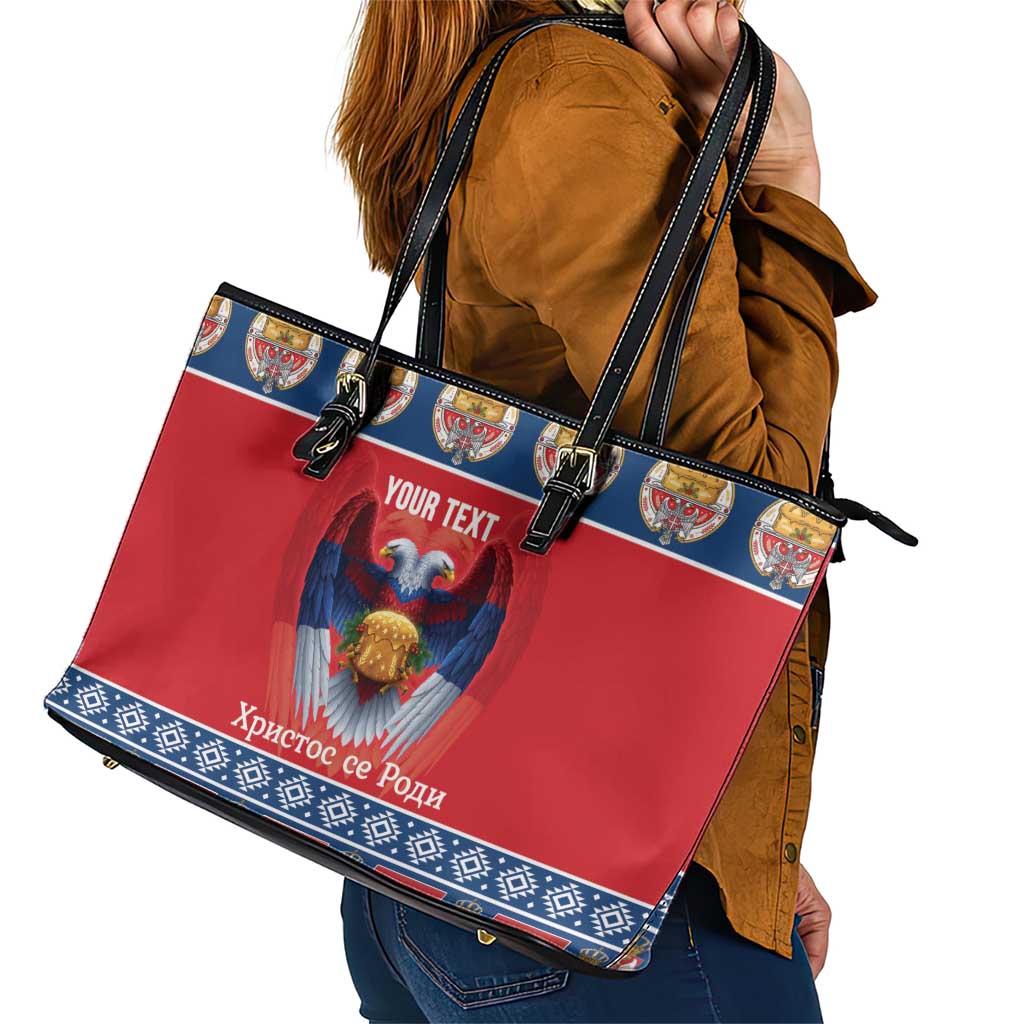 Personalized Serbia Christmas Leather Tote Bag Eagle with Cesnica Christmas Bread - Wonder Print Shop