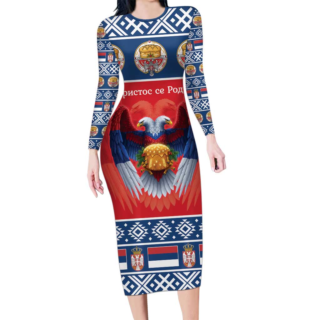 Personalized Serbia Christmas Long Sleeve Bodycon Dress Eagle with Cesnica Christmas Bread - Wonder Print Shop