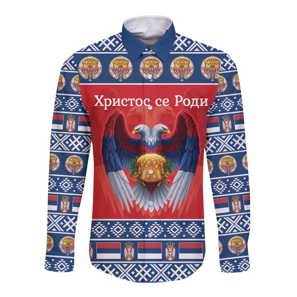 Personalized Serbia Christmas Long Sleeve Button Shirt Eagle with Cesnica Christmas Bread - Wonder Print Shop