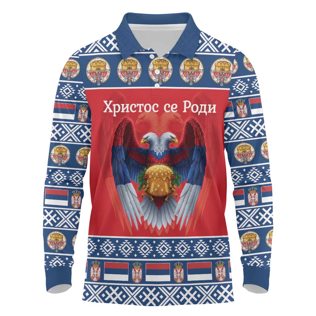 Personalized Serbia Christmas Long Sleeve Polo Shirt Eagle with Cesnica Christmas Bread - Wonder Print Shop