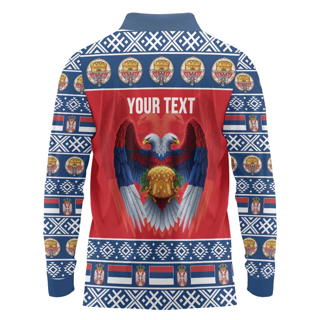 Personalized Serbia Christmas Long Sleeve Polo Shirt Eagle with Cesnica Christmas Bread - Wonder Print Shop