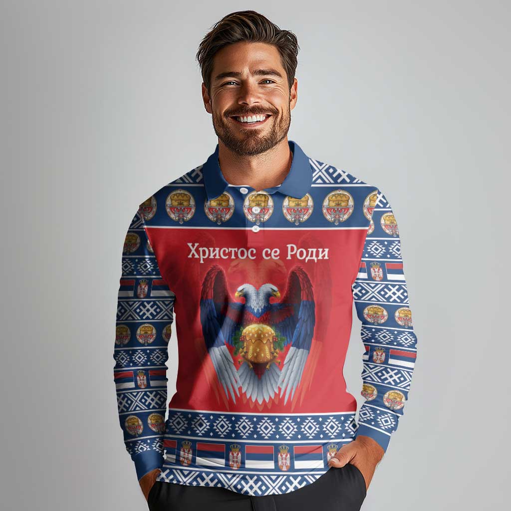 Personalized Serbia Christmas Long Sleeve Polo Shirt Eagle with Cesnica Christmas Bread - Wonder Print Shop