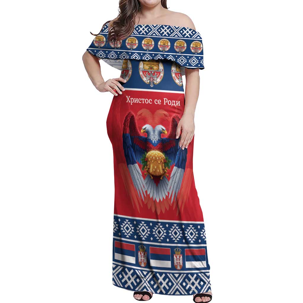 Personalized Serbia Christmas Off Shoulder Maxi Dress Eagle with Cesnica Christmas Bread - Wonder Print Shop
