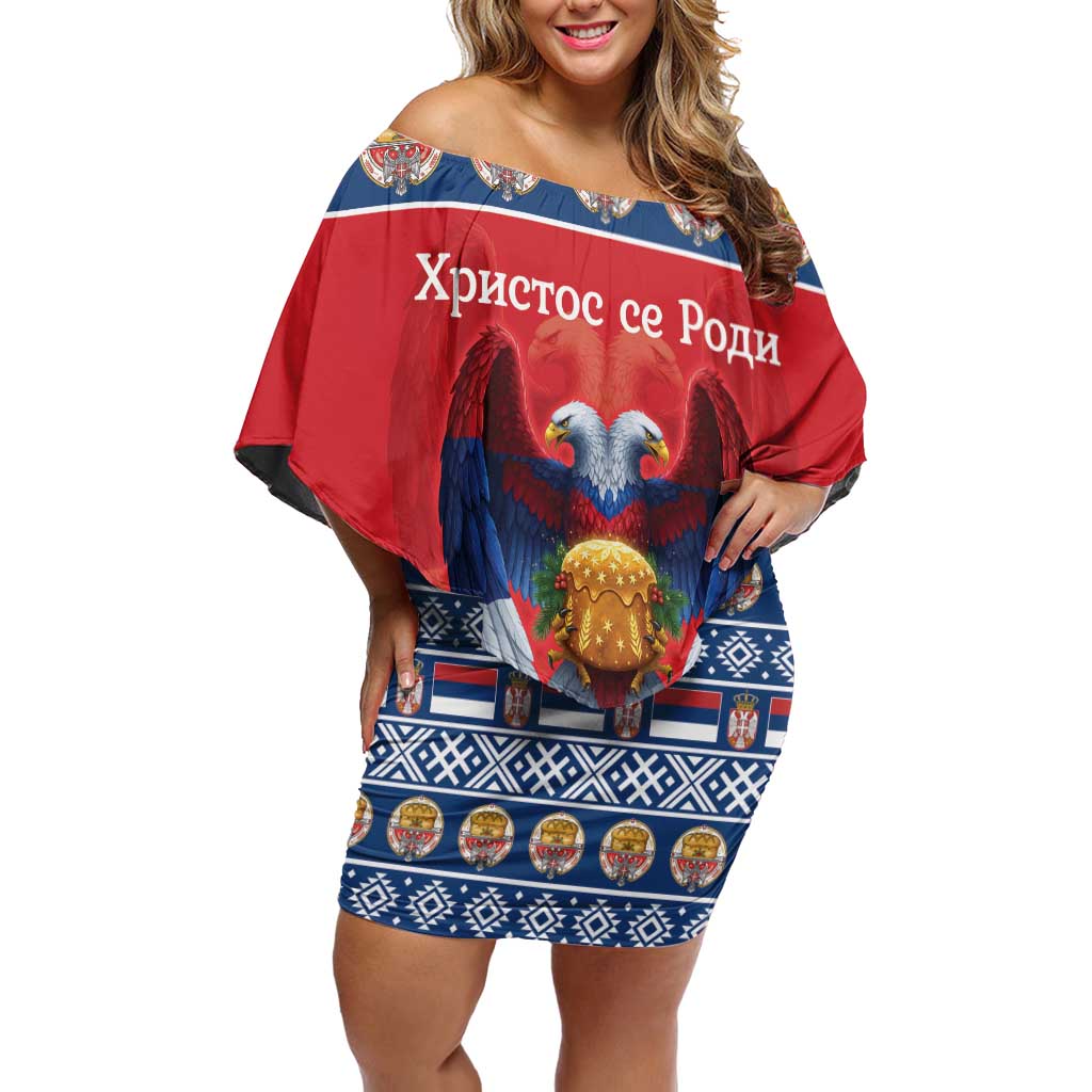 Personalized Serbia Christmas Off Shoulder Short Dress Eagle with Cesnica Christmas Bread - Wonder Print Shop