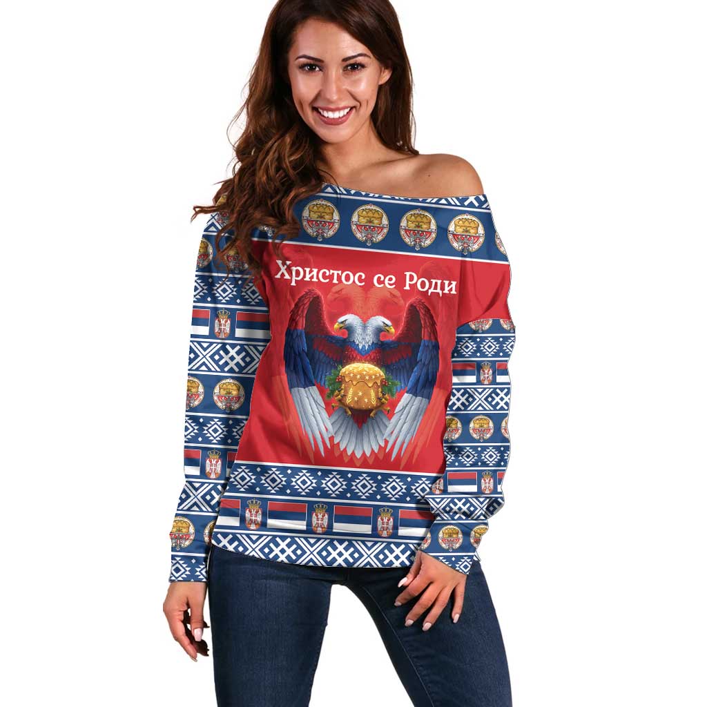 Personalized Serbia Christmas Off Shoulder Sweater Eagle with Cesnica Christmas Bread - Wonder Print Shop