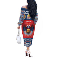 Personalized Serbia Christmas Off The Shoulder Long Sleeve Dress Eagle with Cesnica Christmas Bread - Wonder Print Shop