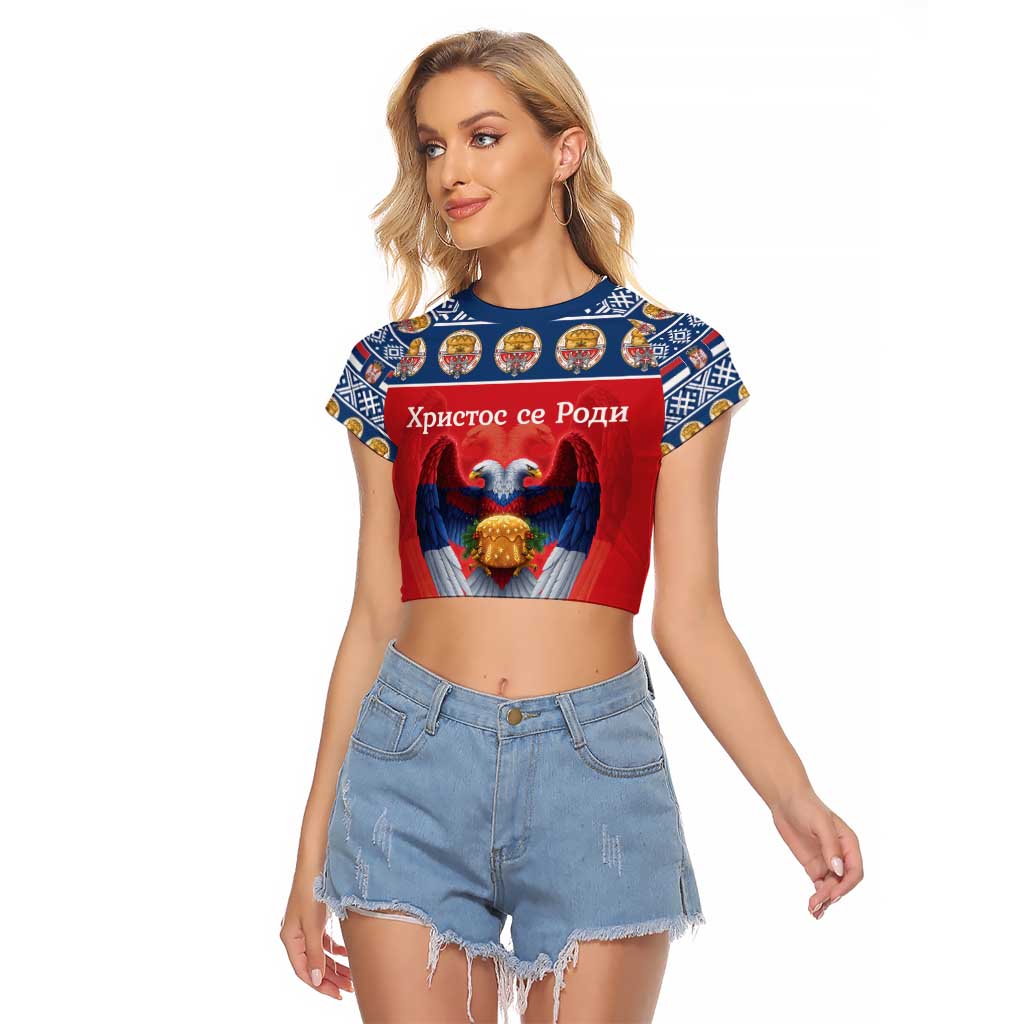 Personalized Serbia Christmas Raglan Cropped T Shirt Eagle with Cesnica Christmas Bread - Wonder Print Shop