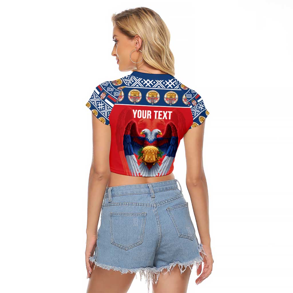 Personalized Serbia Christmas Raglan Cropped T Shirt Eagle with Cesnica Christmas Bread - Wonder Print Shop